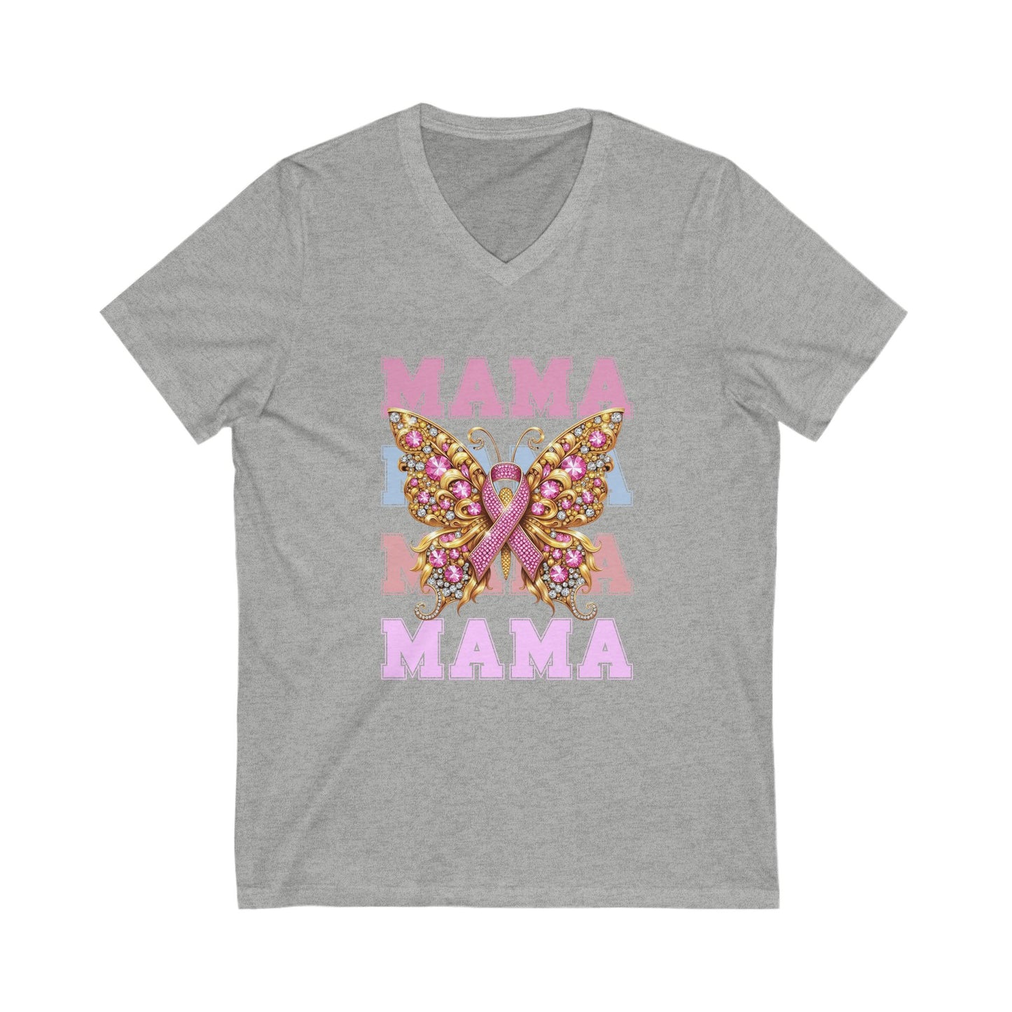 Mama Breast Cancer Butterfly V-Neck Tee - Celebrating Moms with Style
