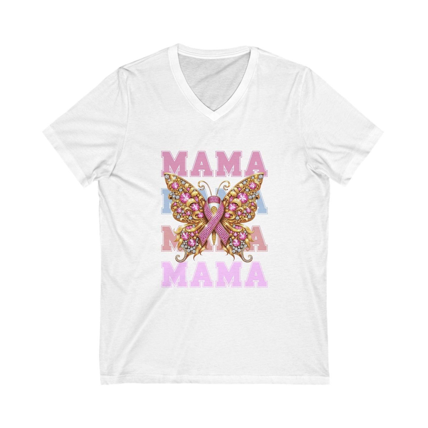 Mama Breast Cancer Butterfly V-Neck Tee - Celebrating Moms with Style
