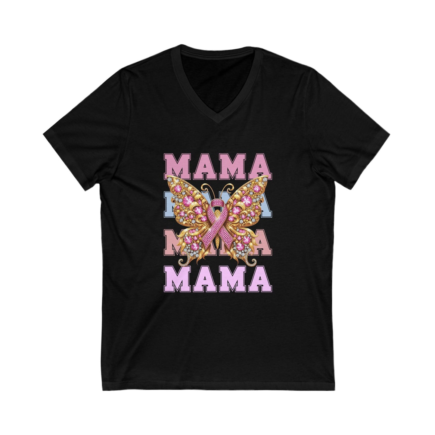 Mama Breast Cancer Butterfly V-Neck Tee - Celebrating Moms with Style