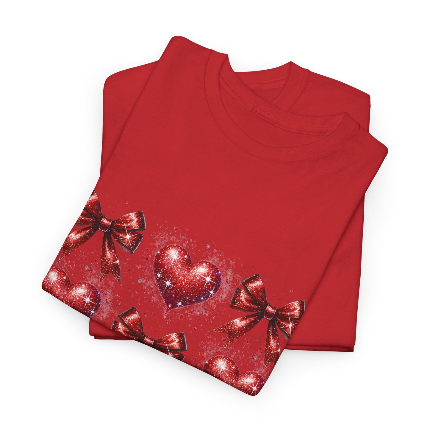 T-Shirt Glitter Red Coquette Bow and Heart Valentine's Day Unisex Heavy Cotton Tee