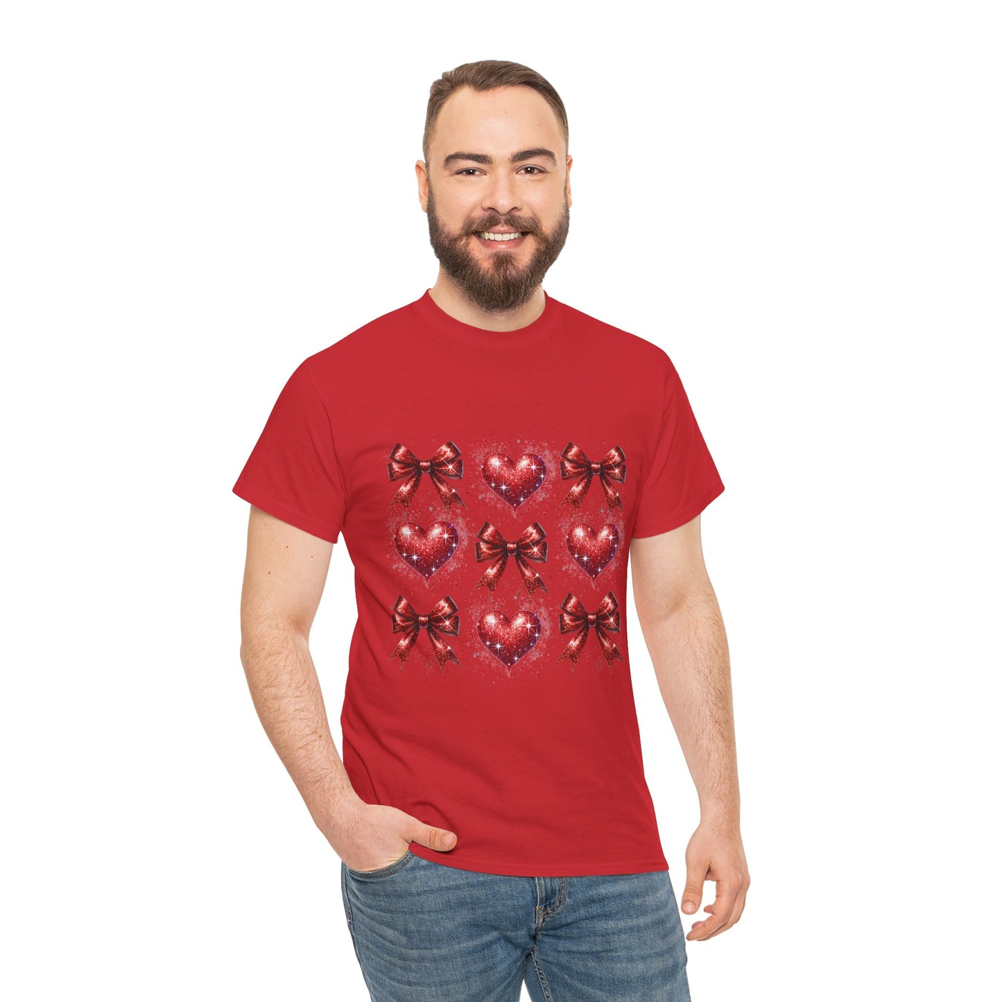 T-Shirt Glitter Red Coquette Bow and Heart Valentine's Day Unisex Heavy Cotton Tee