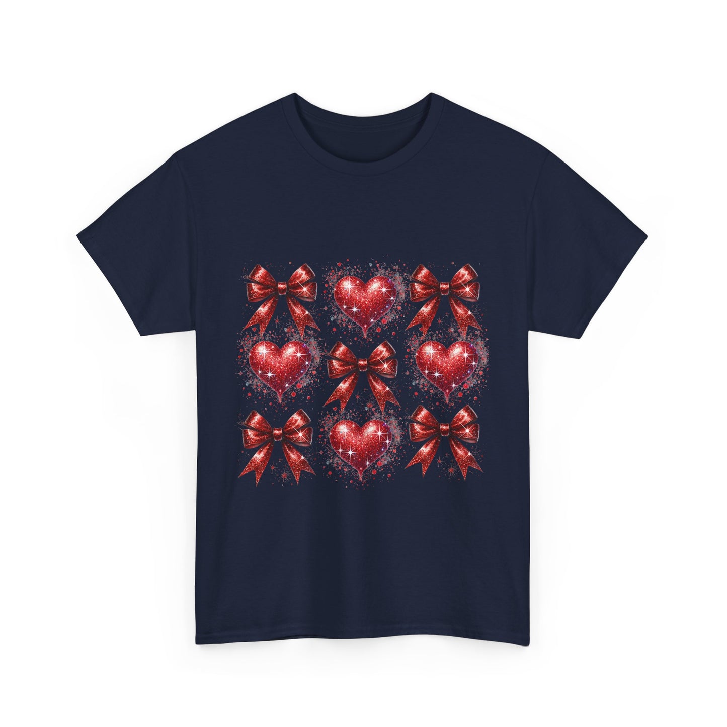 T-Shirt Glitter Red Coquette Bow and Heart Valentine's Day Unisex Heavy Cotton Tee