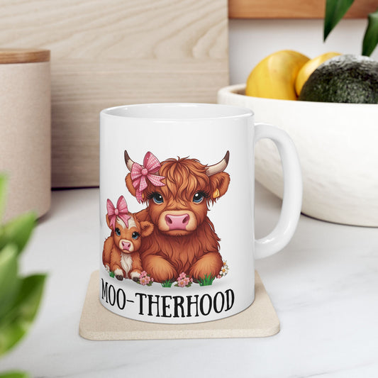 Moo-therhood Ceramic Mug - Cute Cow Mom Design (11oz & 15oz)