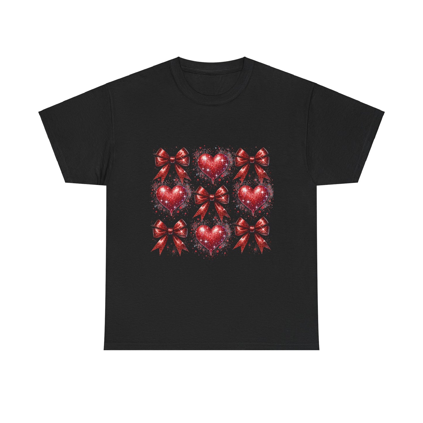 T-Shirt Glitter Red Coquette Bow and Heart Valentine's Day Unisex Heavy Cotton Tee