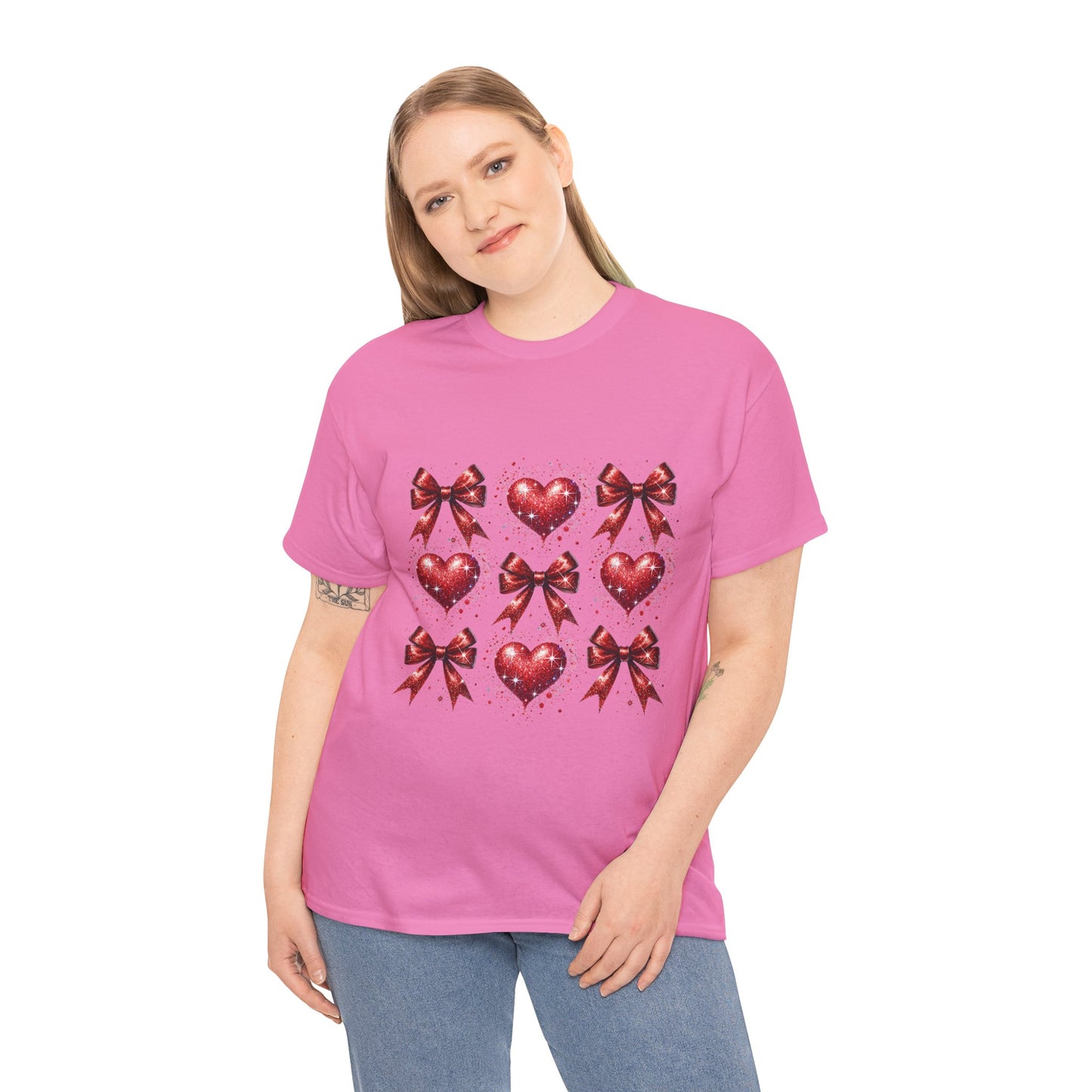 T-Shirt Glitter Red Coquette Bow and Heart Valentine's Day Unisex Heavy Cotton Tee