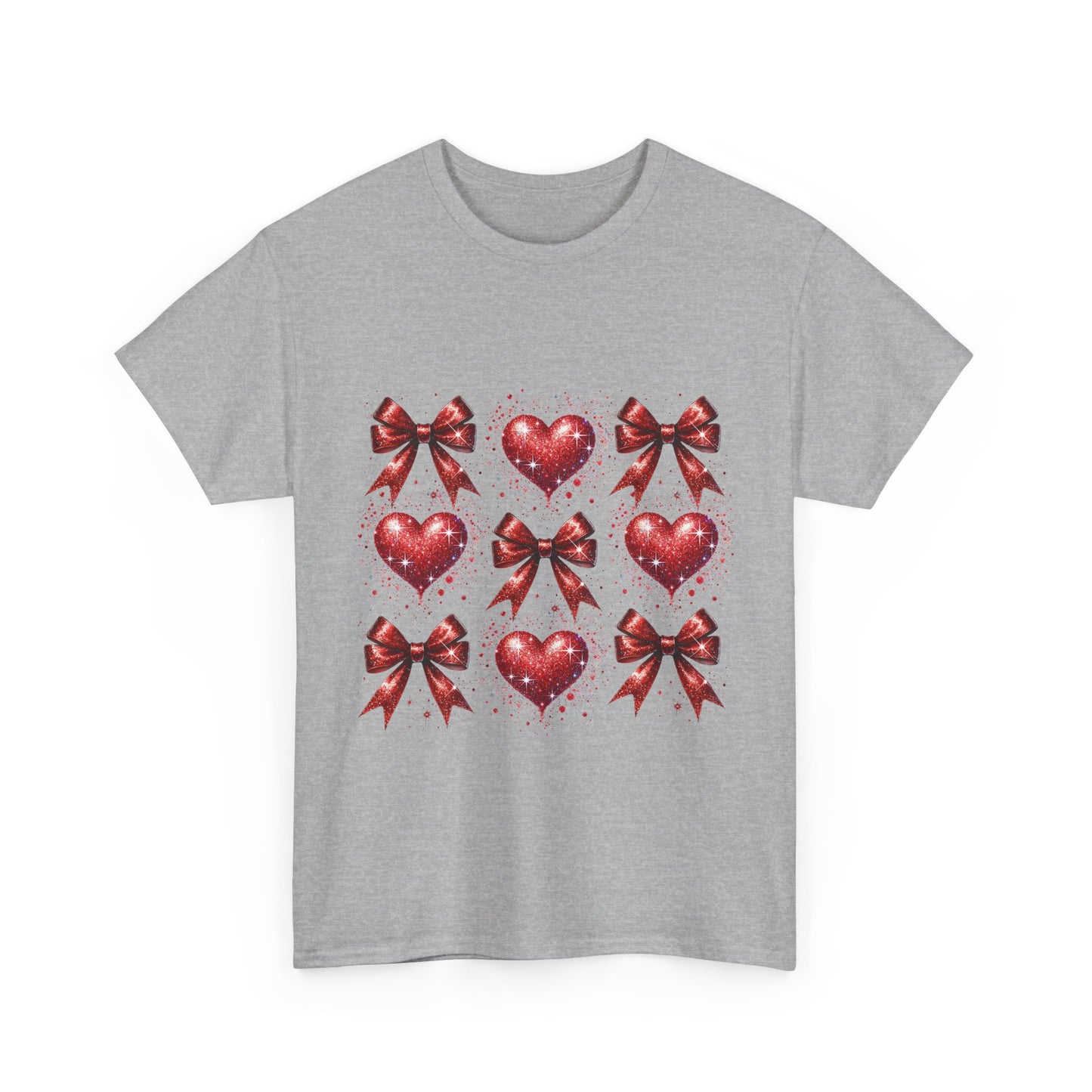 T-Shirt Glitter Red Coquette Bow and Heart Valentine's Day Unisex Heavy Cotton Tee