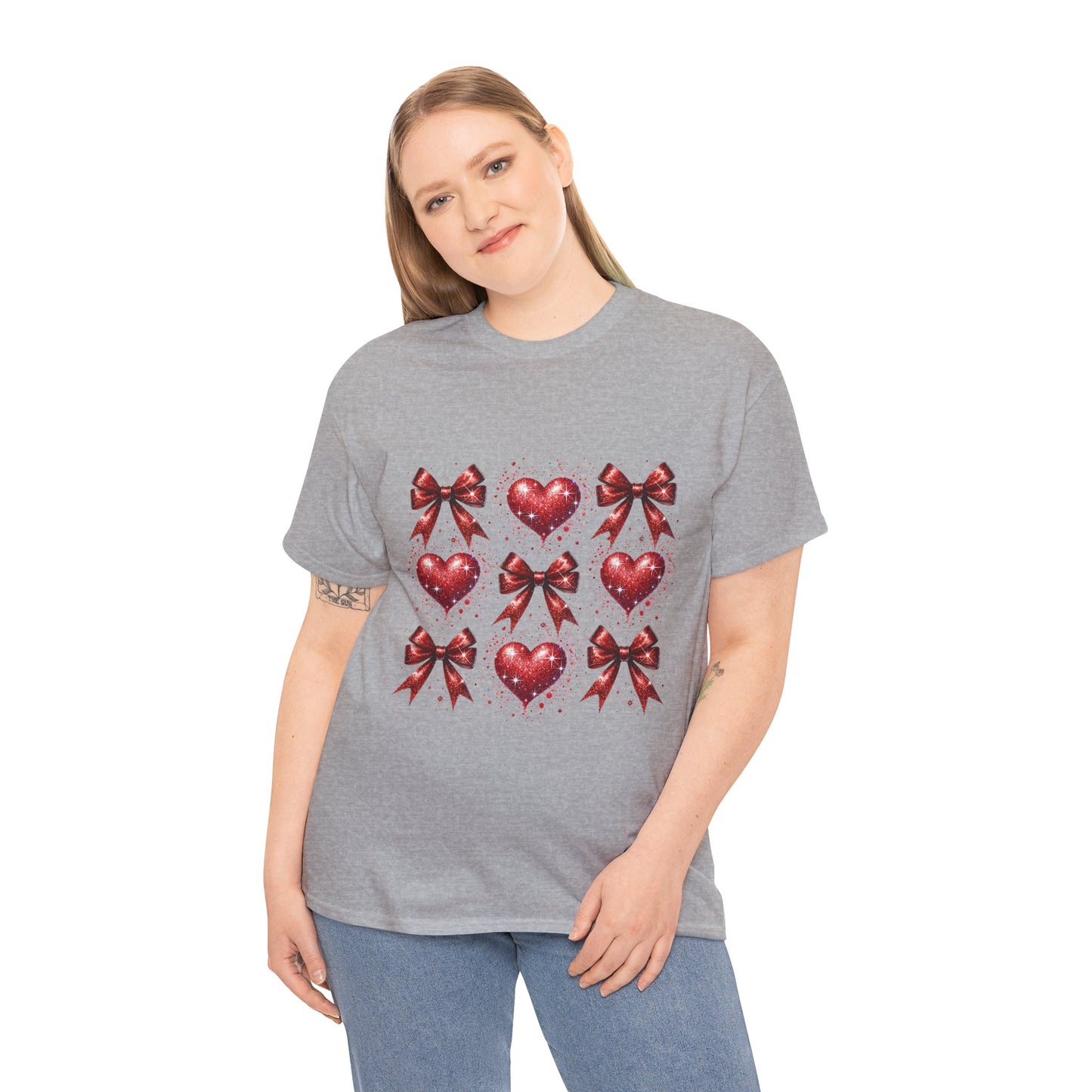 T-Shirt Glitter Red Coquette Bow and Heart Valentine's Day Unisex Heavy Cotton Tee