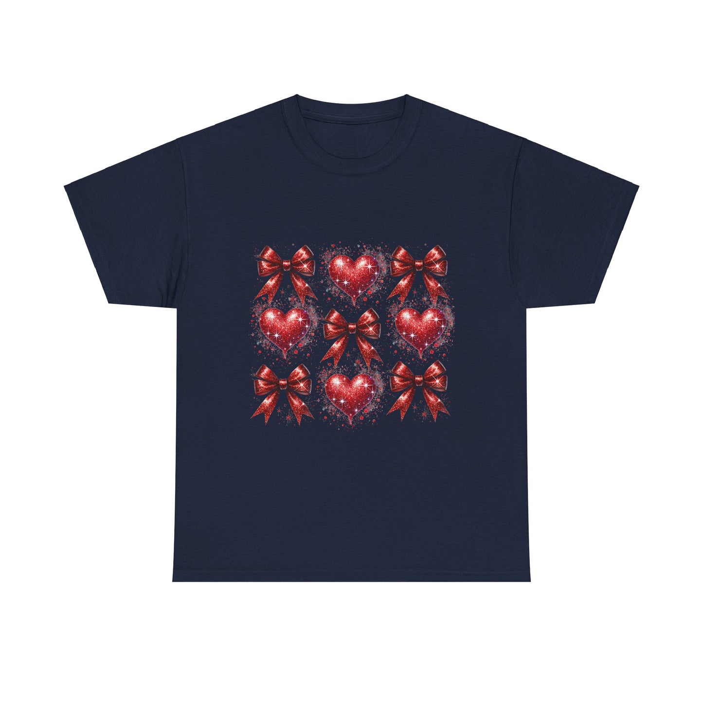 T-Shirt Glitter Red Coquette Bow and Heart Valentine's Day Unisex Heavy Cotton Tee