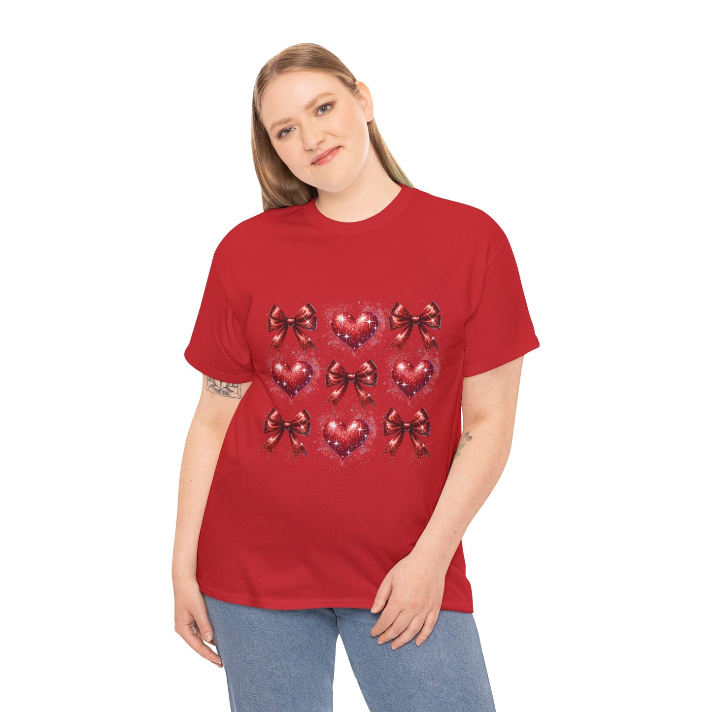 T-Shirt Glitter Red Coquette Bow and Heart Valentine's Day Unisex Heavy Cotton Tee