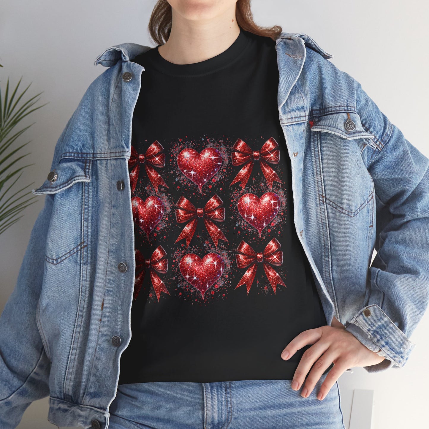 T-Shirt Glitter Red Coquette Bow and Heart Valentine's Day Unisex Heavy Cotton Tee