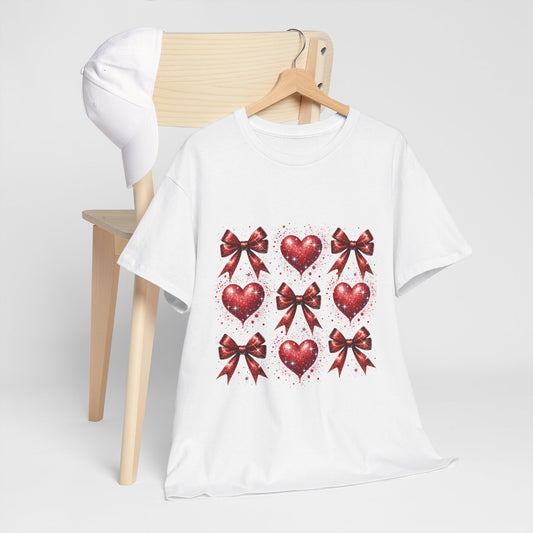 T-Shirt Glitter Red Coquette Bow and Heart Valentine's Day Unisex Heavy Cotton Tee