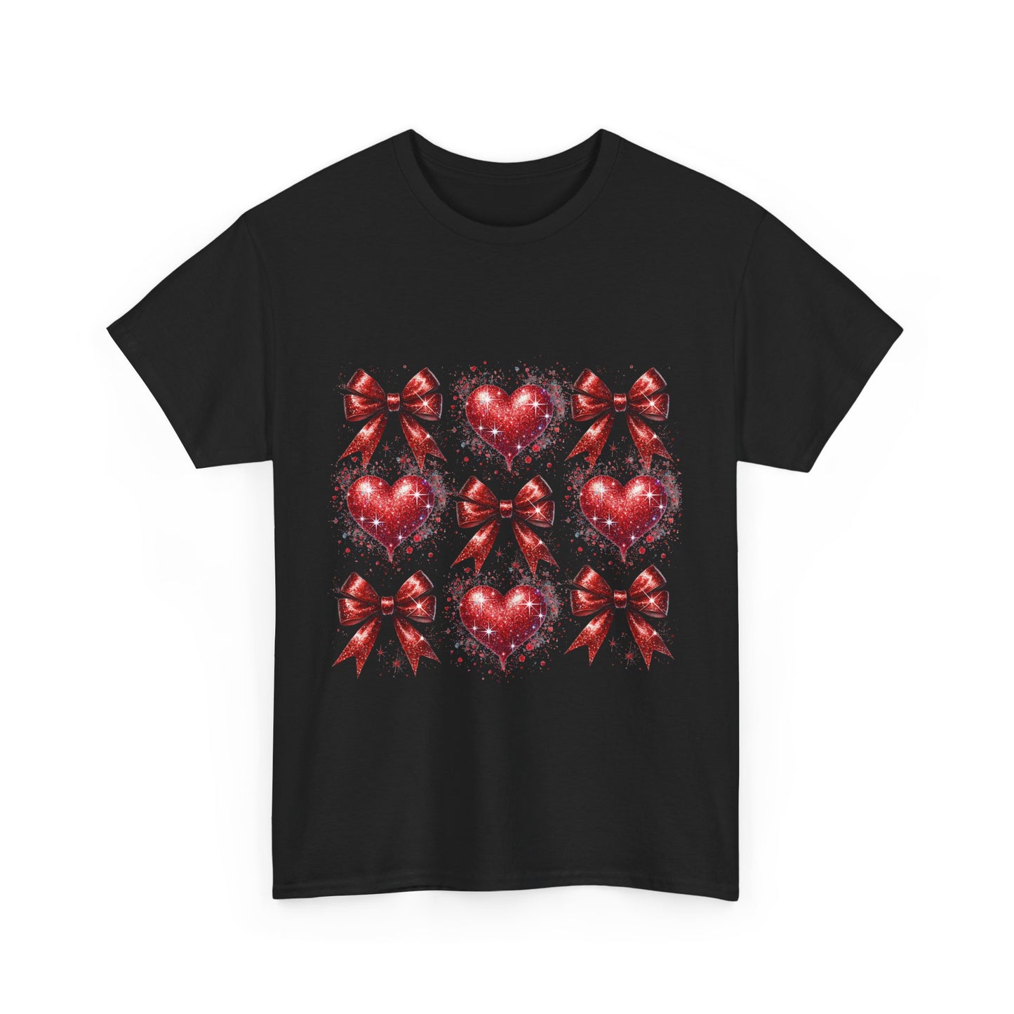 T-Shirt Glitter Red Coquette Bow and Heart Valentine's Day Unisex Heavy Cotton Tee