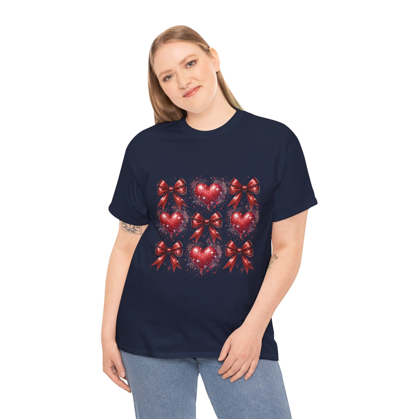 T-Shirt Glitter Red Coquette Bow and Heart Valentine's Day Unisex Heavy Cotton Tee