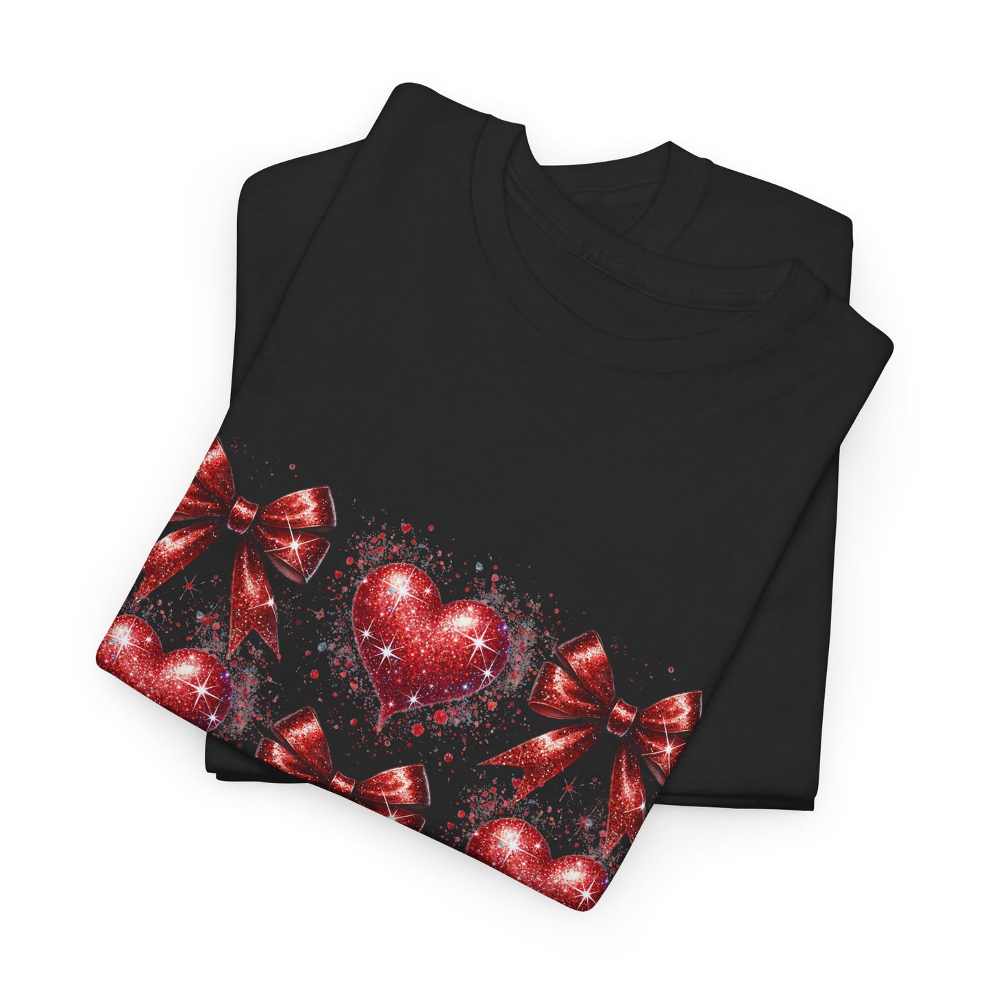 T-Shirt Glitter Red Coquette Bow and Heart Valentine's Day Unisex Heavy Cotton Tee