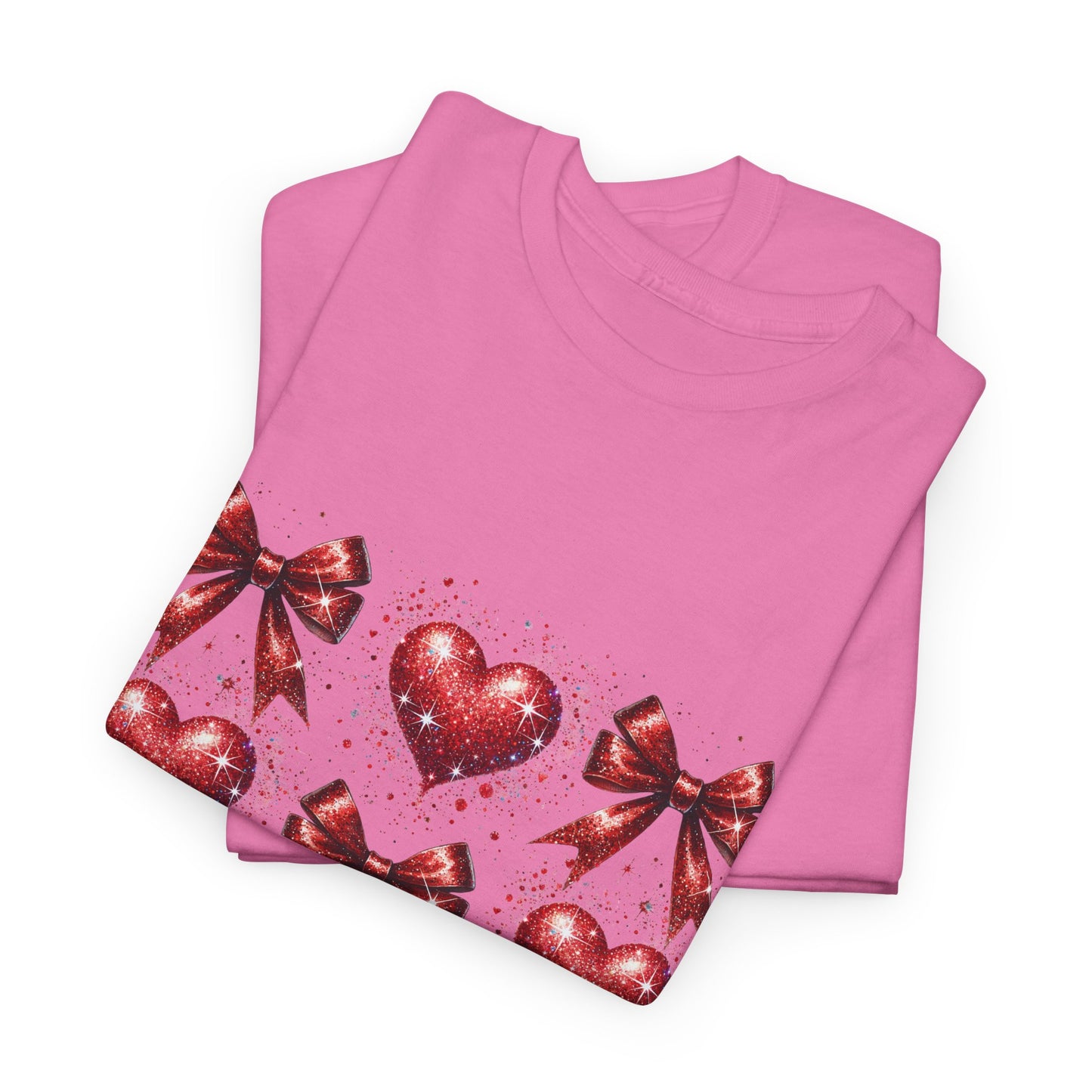 T-Shirt Glitter Red Coquette Bow and Heart Valentine's Day Unisex Heavy Cotton Tee