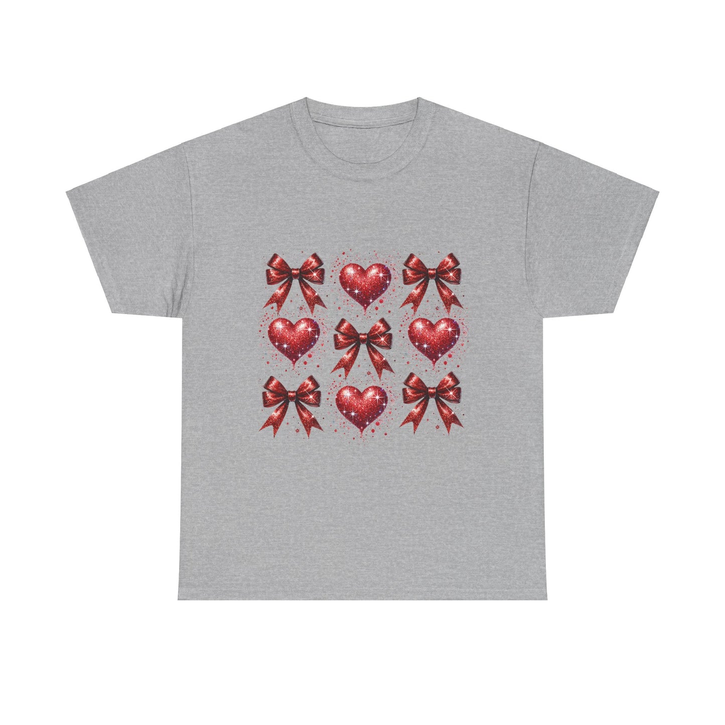 T-Shirt Glitter Red Coquette Bow and Heart Valentine's Day Unisex Heavy Cotton Tee