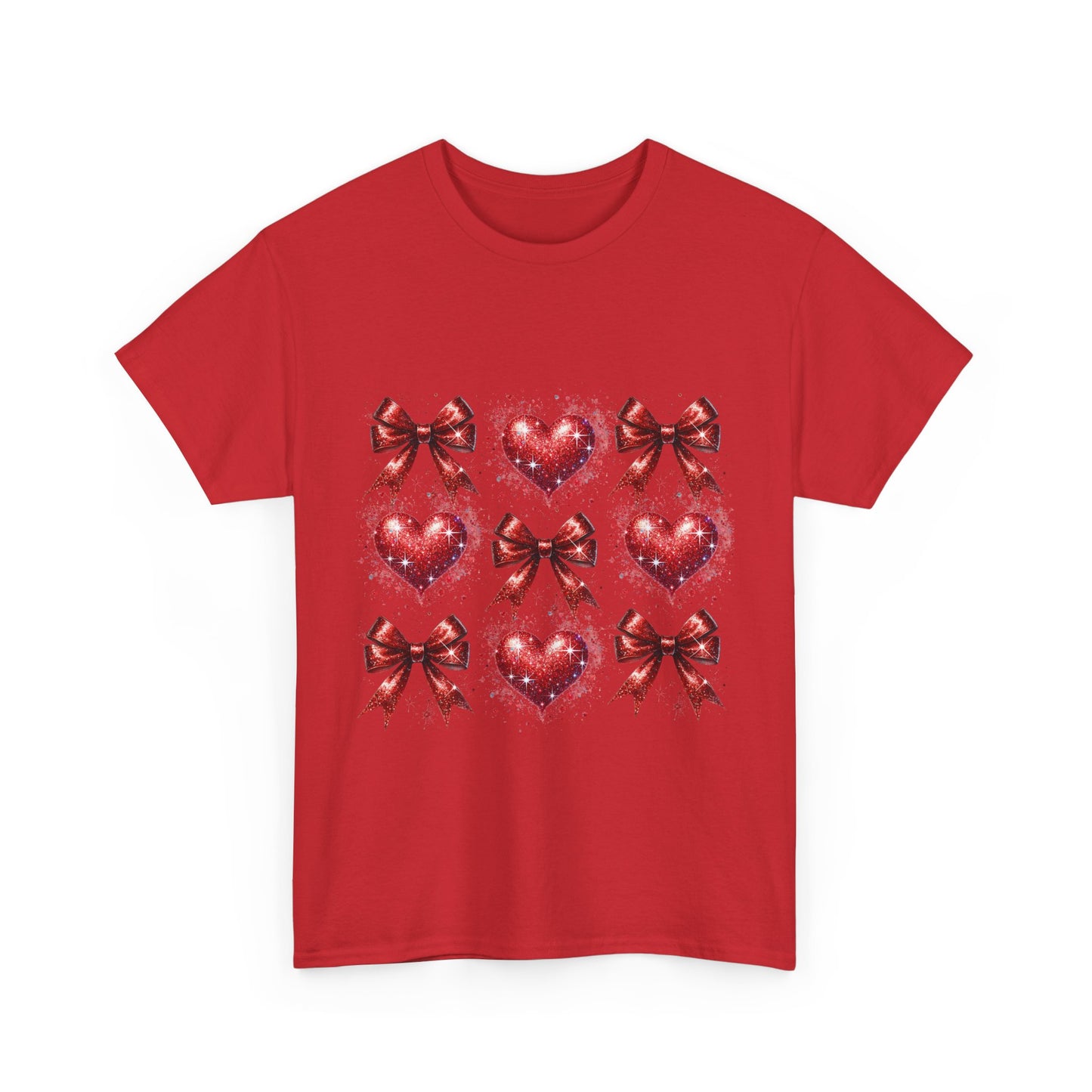 T-Shirt Glitter Red Coquette Bow and Heart Valentine's Day Unisex Heavy Cotton Tee