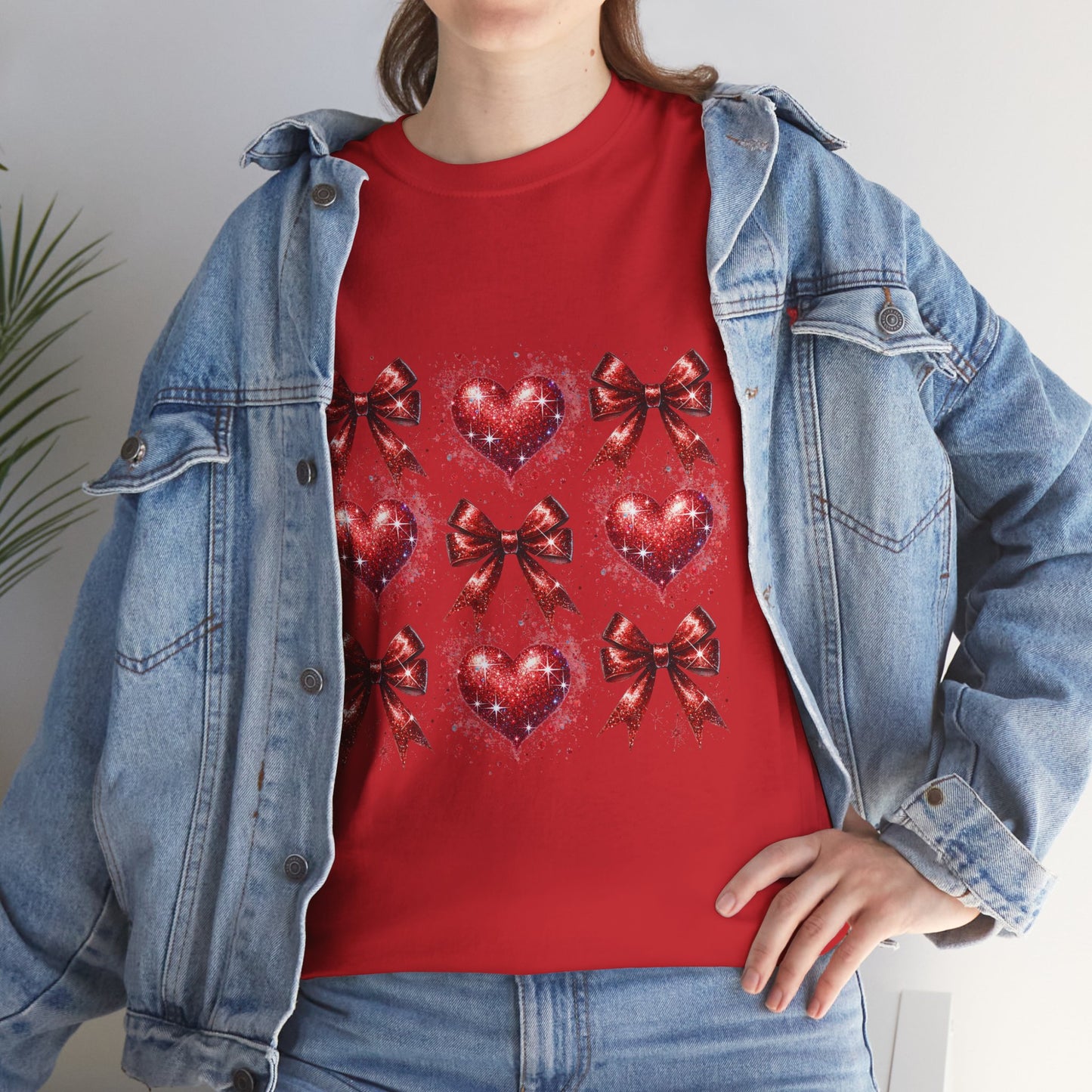 T-Shirt Glitter Red Coquette Bow and Heart Valentine's Day Unisex Heavy Cotton Tee