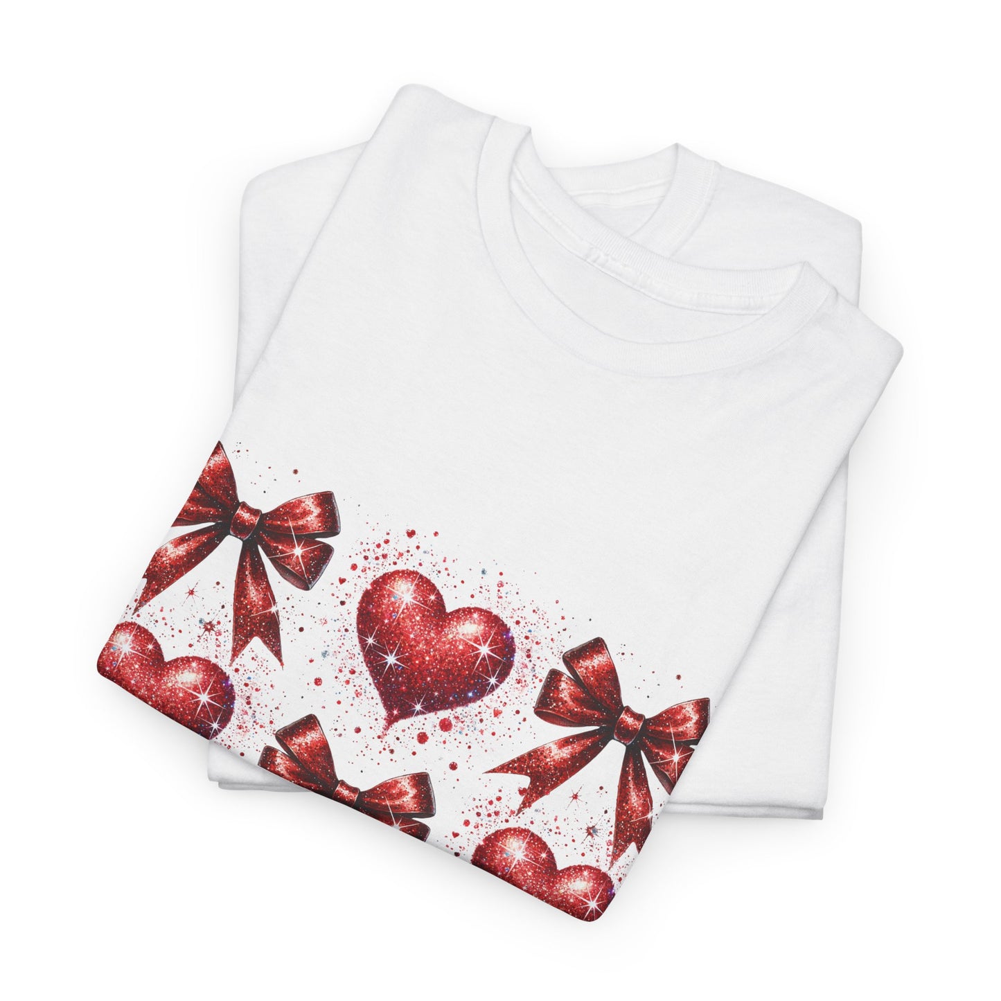 T-Shirt Glitter Red Coquette Bow and Heart Valentine's Day Unisex Heavy Cotton Tee