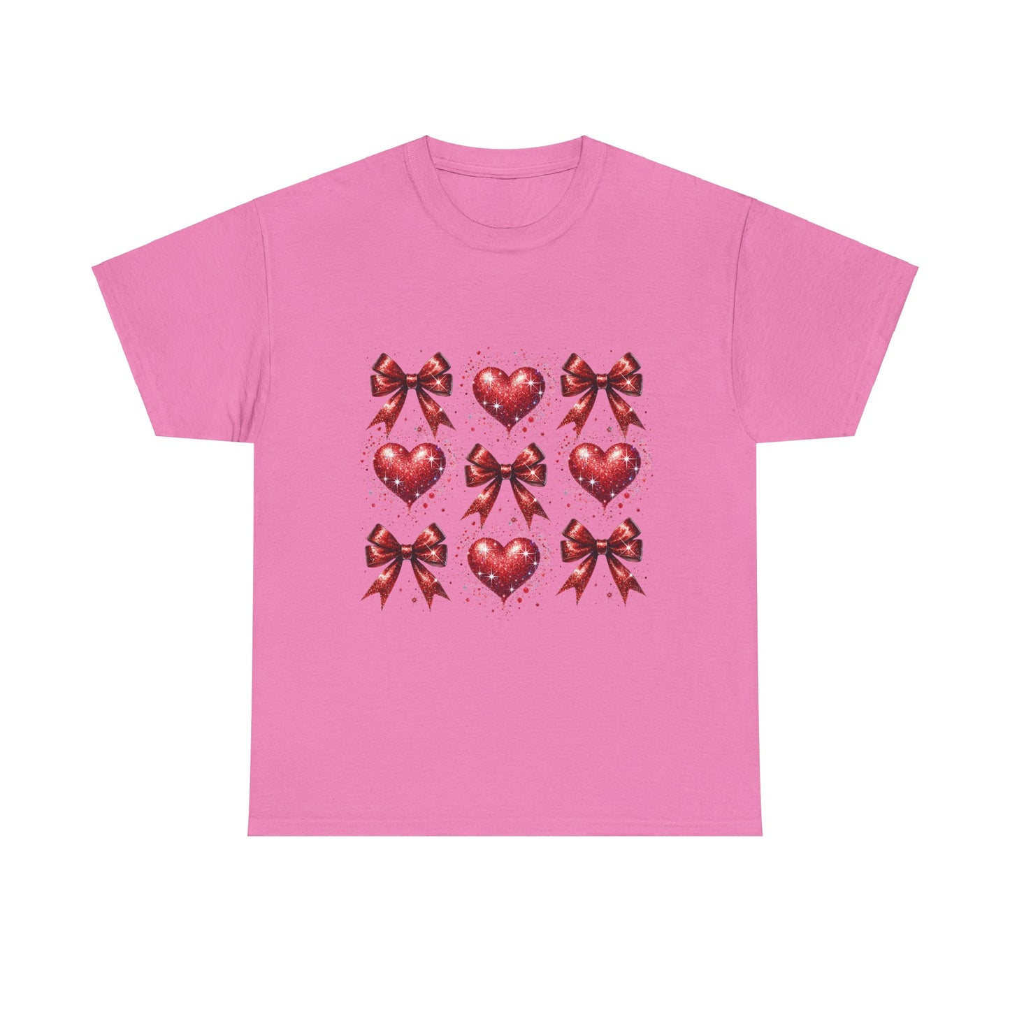 T-Shirt Glitter Red Coquette Bow and Heart Valentine's Day Unisex Heavy Cotton Tee