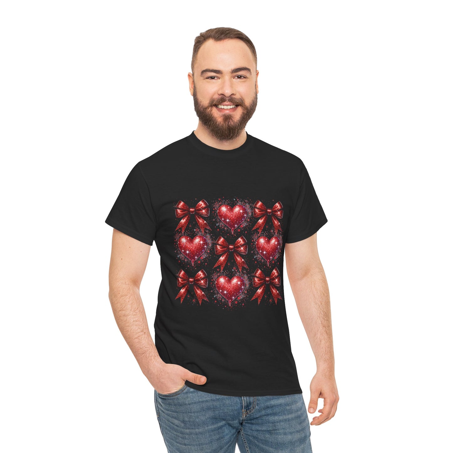 T-Shirt Glitter Red Coquette Bow and Heart Valentine's Day Unisex Heavy Cotton Tee