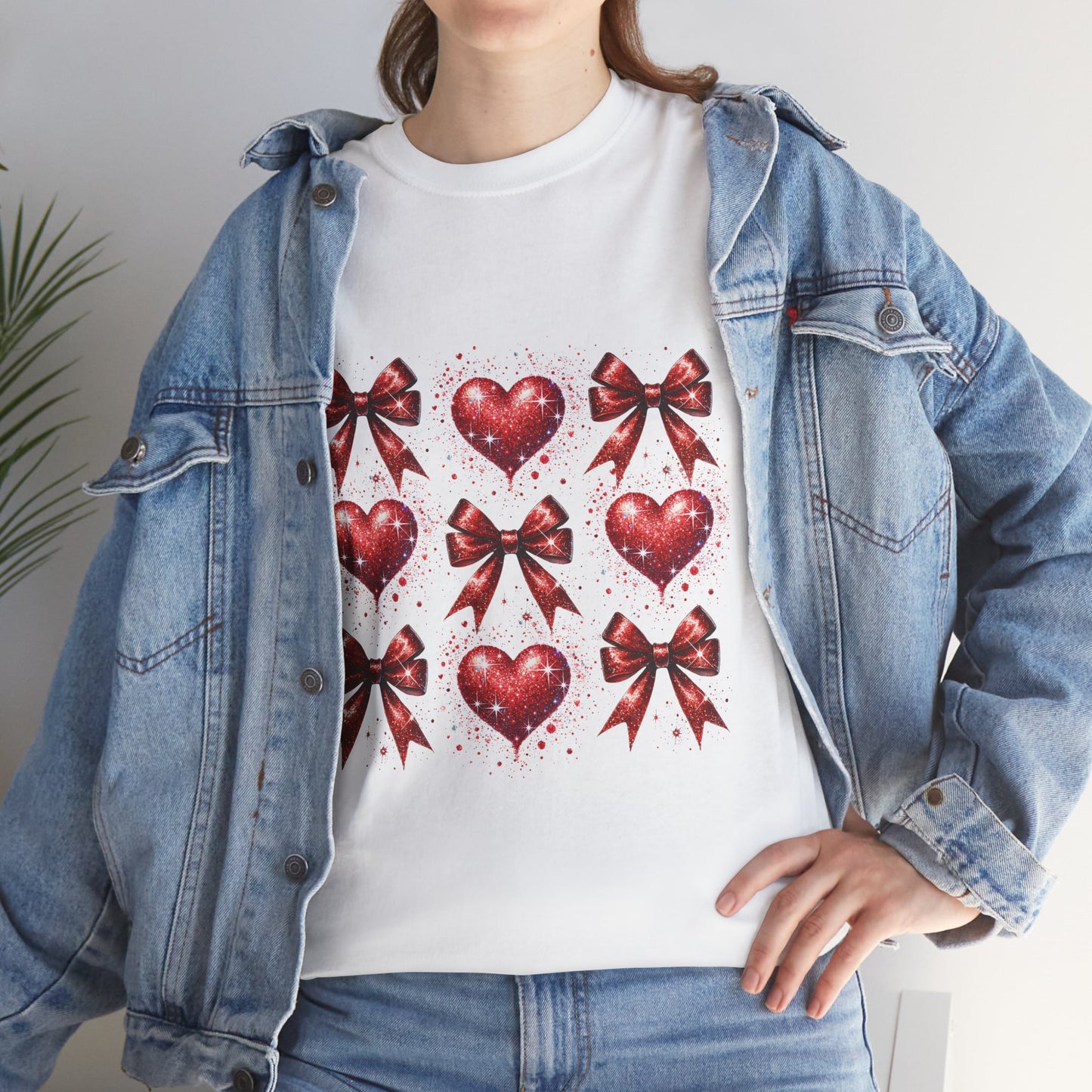 T-Shirt Glitter Red Coquette Bow and Heart Valentine's Day Unisex Heavy Cotton Tee