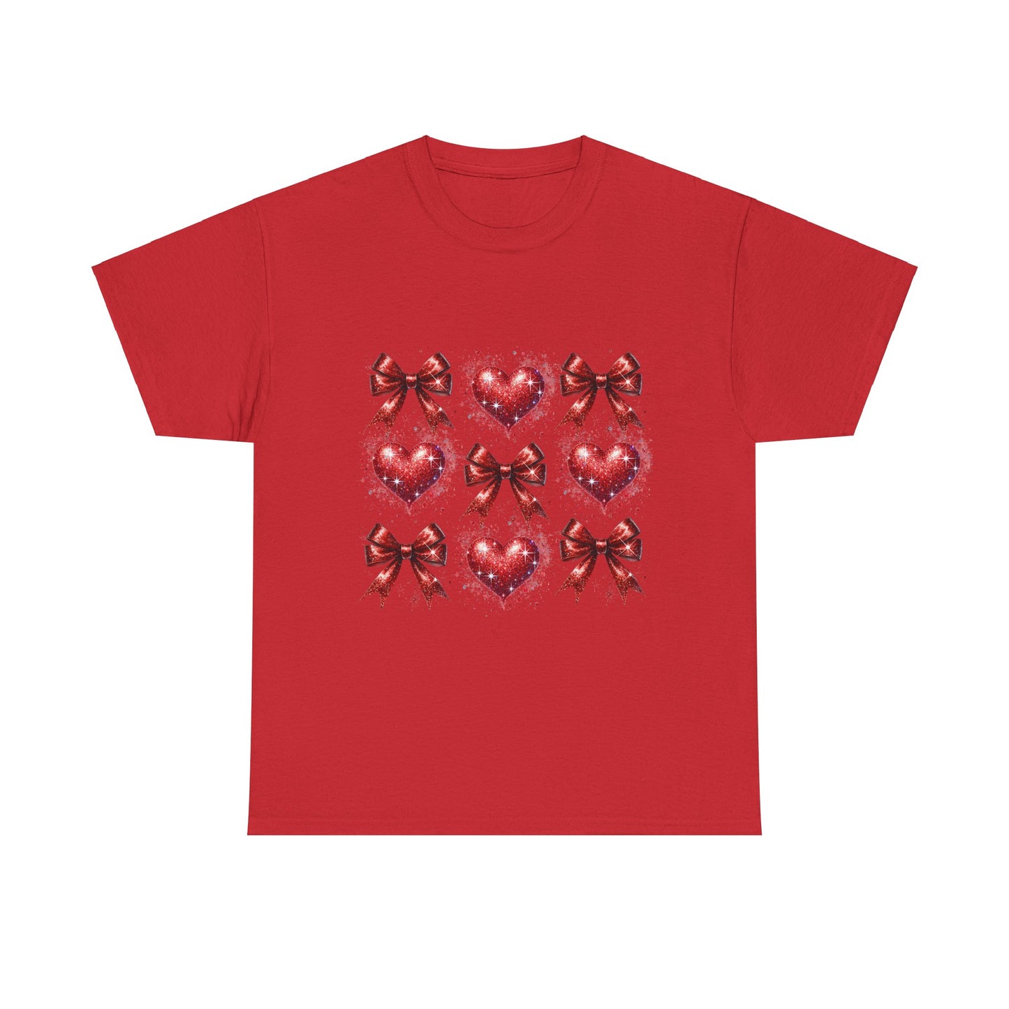 T-Shirt Glitter Red Coquette Bow and Heart Valentine's Day Unisex Heavy Cotton Tee