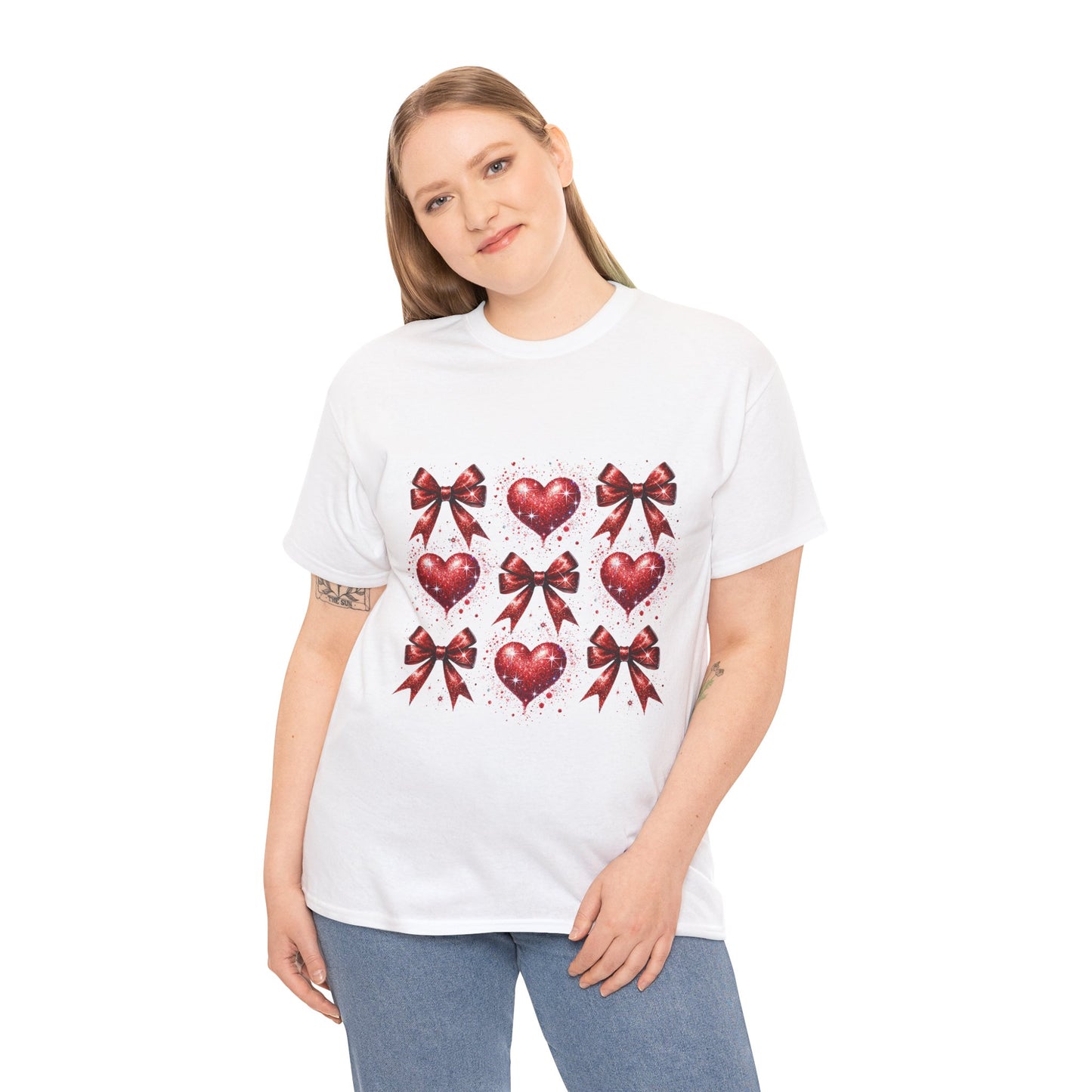 T-Shirt Glitter Red Coquette Bow and Heart Valentine's Day Unisex Heavy Cotton Tee