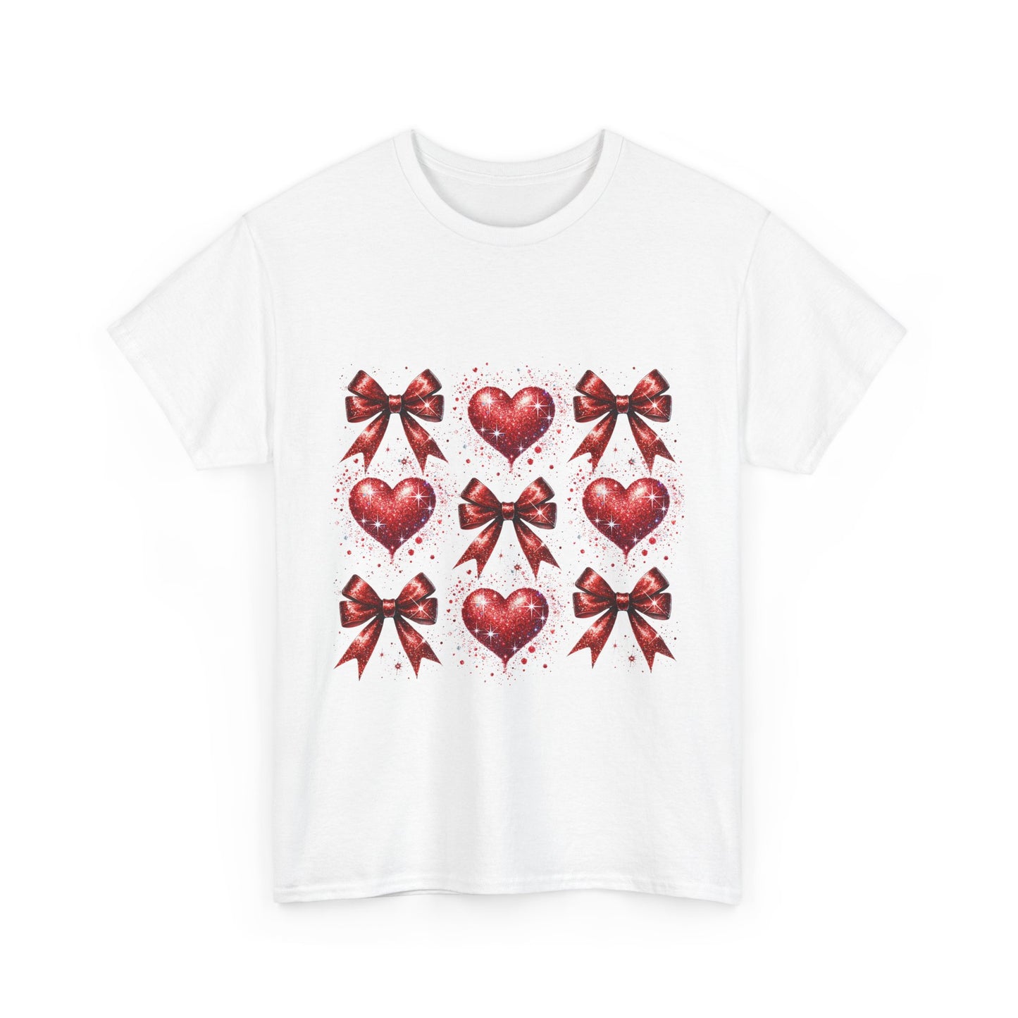 T-Shirt Glitter Red Coquette Bow and Heart Valentine's Day Unisex Heavy Cotton Tee