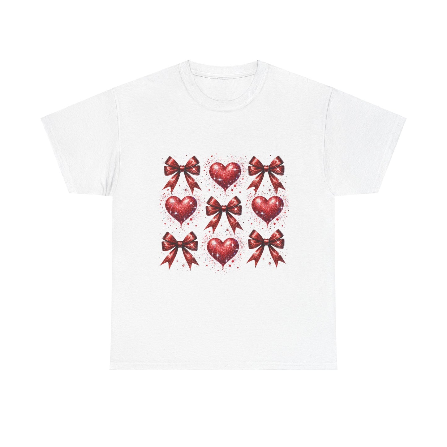 T-Shirt Glitter Red Coquette Bow and Heart Valentine's Day Unisex Heavy Cotton Tee