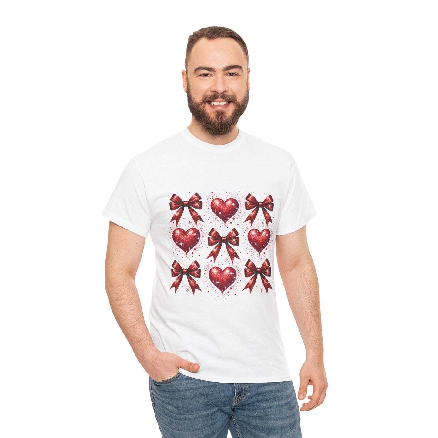 T-Shirt Glitter Red Coquette Bow and Heart Valentine's Day Unisex Heavy Cotton Tee