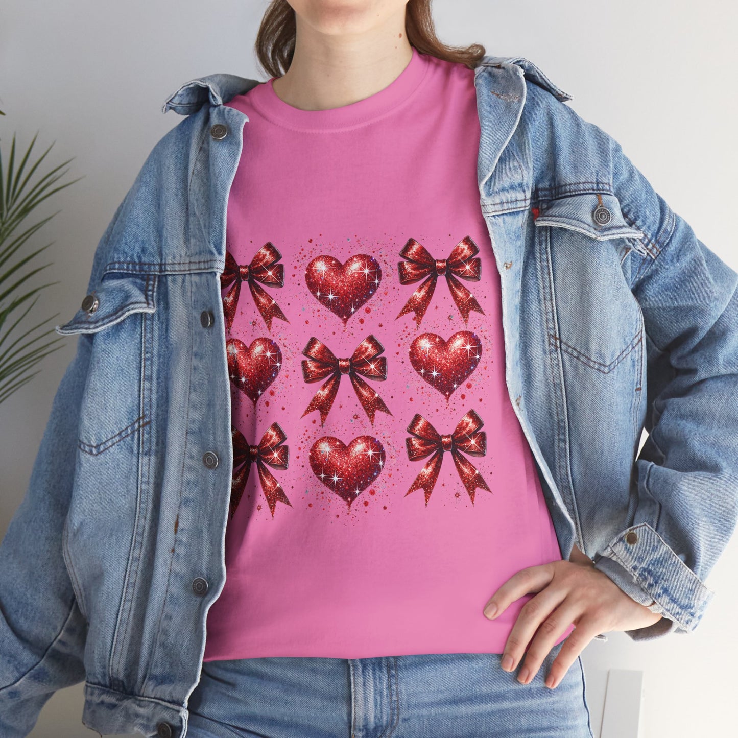 T-Shirt Glitter Red Coquette Bow and Heart Valentine's Day Unisex Heavy Cotton Tee