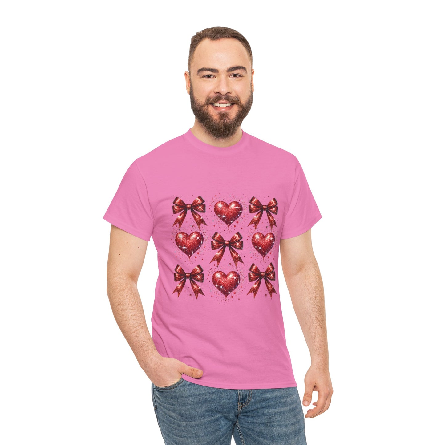 T-Shirt Glitter Red Coquette Bow and Heart Valentine's Day Unisex Heavy Cotton Tee